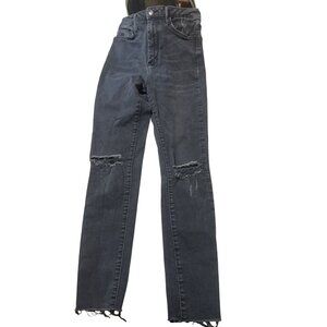 Forever 21 Distressed Black Skinny Jeans High Rise Frayed Hem Holes Size 26